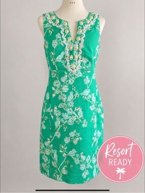Lilly Pulitzer Teal Floral Dress with Cream Beaded Trim